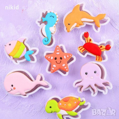 Кит рак делфин риба водно конче октопод медуза звезда сет 8 пластмасови резци форми бисквитки морски, снимка 2 - Форми - 22520668