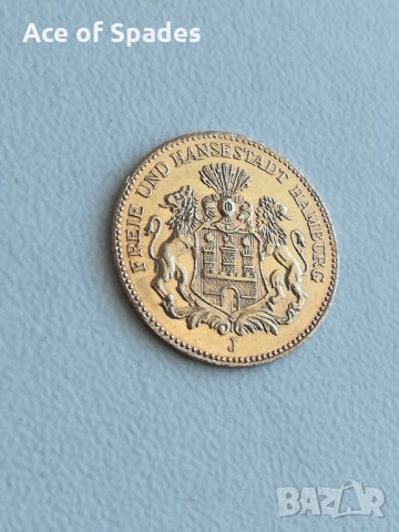 Златна Монета Deutsches Reich 1877 5 Mark Freie und Hansestadt Hamburg  , снимка 7 - Нумизматика и бонистика - 19510382
