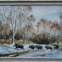 Зимен пейзаж с диви прасета, картина за ловци, снимка 1 - Картини - 24120068