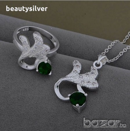 Сребърни колие и пръстен със зелен или бял Цирконий, код 0715, снимка 1