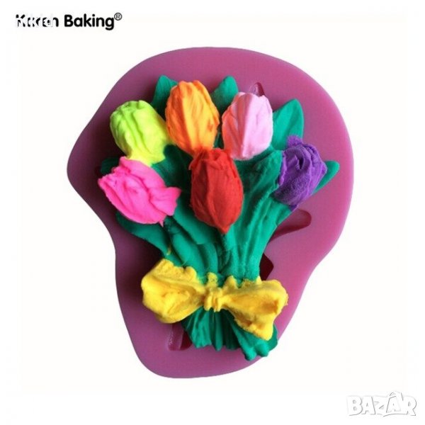 Букет лалета лале с пандела силиконов молд форма декор торта сладки фондан и др. украса, снимка 1