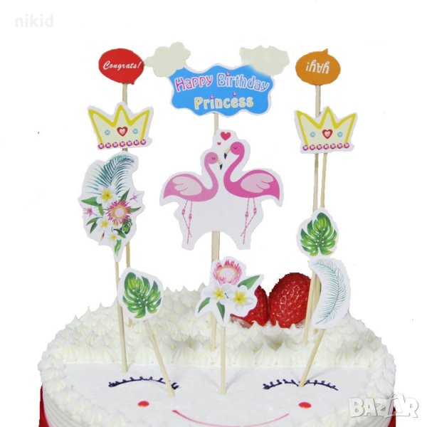 Happy Birthday фламинго принцес сет топери клечки декор за торта украса парти Рожден Ден, снимка 1