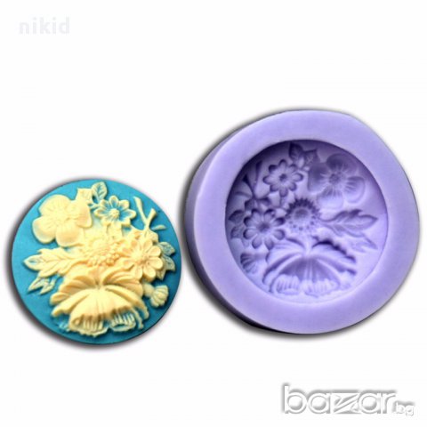 кръг цветя букет силиконов молд форма декорация украса торта фондан 