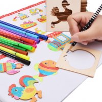Детски комплект за рисуване с много формички от дърво + флумастри с книжка, снимка 3 - Рисуване и оцветяване - 26155798