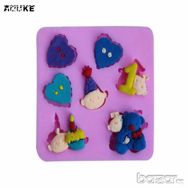 1 годинка рожден бебешки мече клоун копче сърце силиконов молд форма декорация торта фондан мъфини, снимка 1
