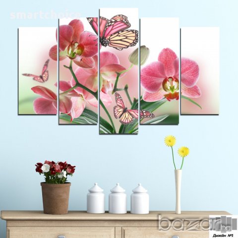 Декоративно пано за стена от 5 части - Рисувана розова орхидея - HD-365, снимка 1