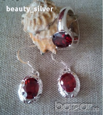 Сребърен пръстен и обеци с червен Цирконий, код 0517, снимка 1 - Бижутерийни комплекти - 11207015