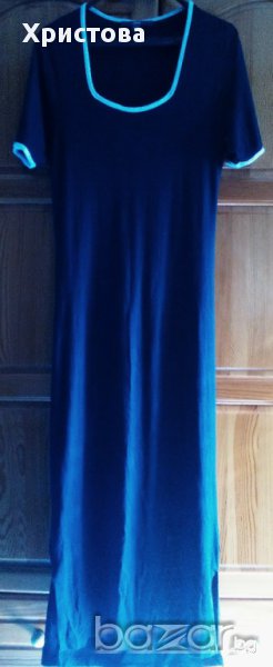Дълга синя рокля от трико с къс ръкав., снимка 1