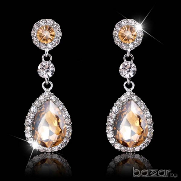 Дамски обеци с кристали, цвят шампанско, снимка 1
