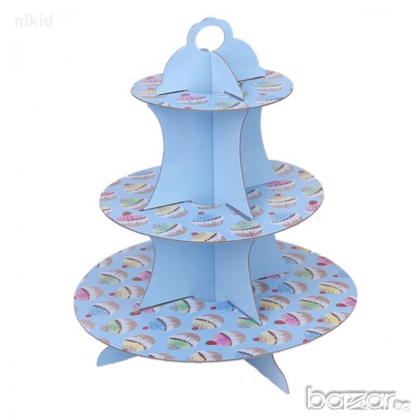 Син фон кексчета 3 етажна Триетажна поставка стойка за мъфини кексчета картонена, снимка 1