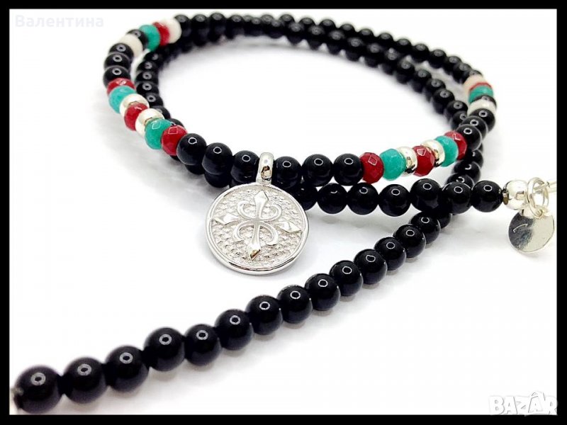 Гердан от оникси, фасетиран кварц сребърна висулка с лого, снимка 1