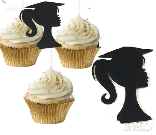 Момиче Абитуриент Студент Абсолвент дипломиране завършване черен мек брокатен топер клечка за торта 