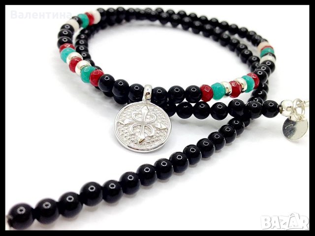 Гердан от оникси, фасетиран кварц сребърна висулка с лого, снимка 1