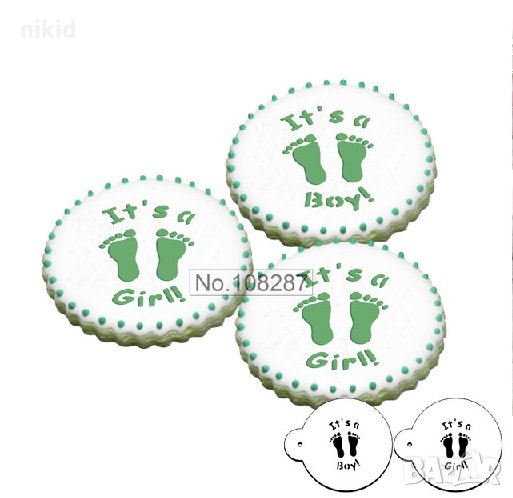 2 бр It's a Boy Girl стъпки крака кръщене малки стенсил шаблон спрей за бисквитки чаша украса, снимка 1