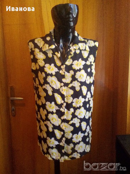 Черна риза на жълти цветя без ръкав от шифон Л, снимка 1