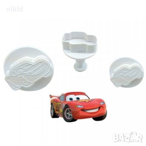 3 бр Количка кола Маккуин Mcqueen пластмасови резци с бутало релефни форми за тесто фондан резец