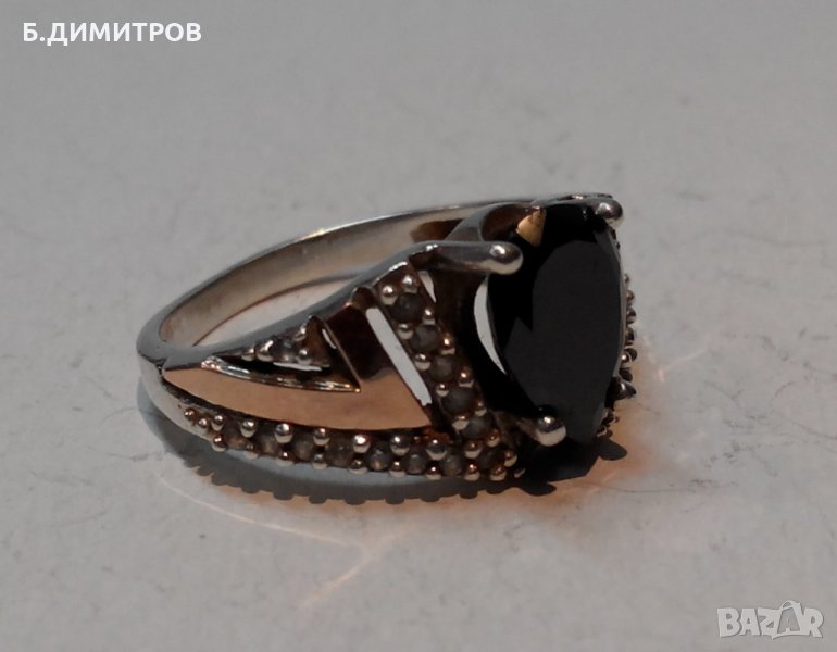 Стар сребърен руски СССР пръстен с оникс цирконий и злато, снимка 1