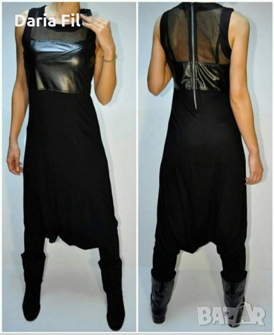 Черен гащеризон с тюл и кожа, снимка 1
