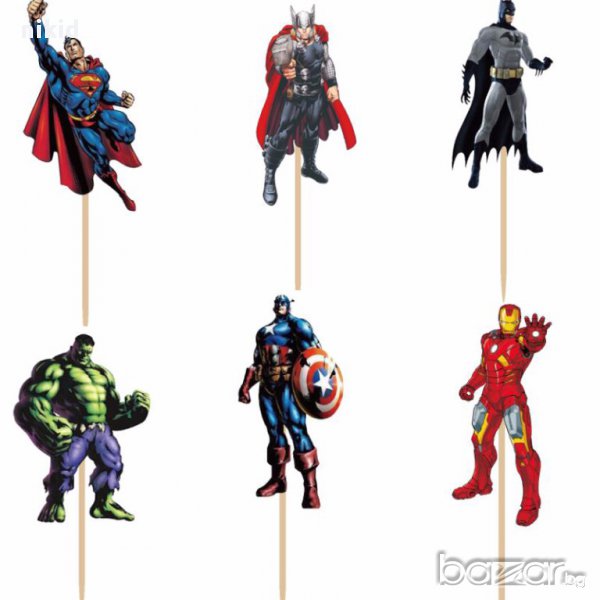 24 бр топери клечки герои Avengers Марвел Батман Капитан Америка Хълк Отмъстителите Айрън мен мъфини, снимка 1