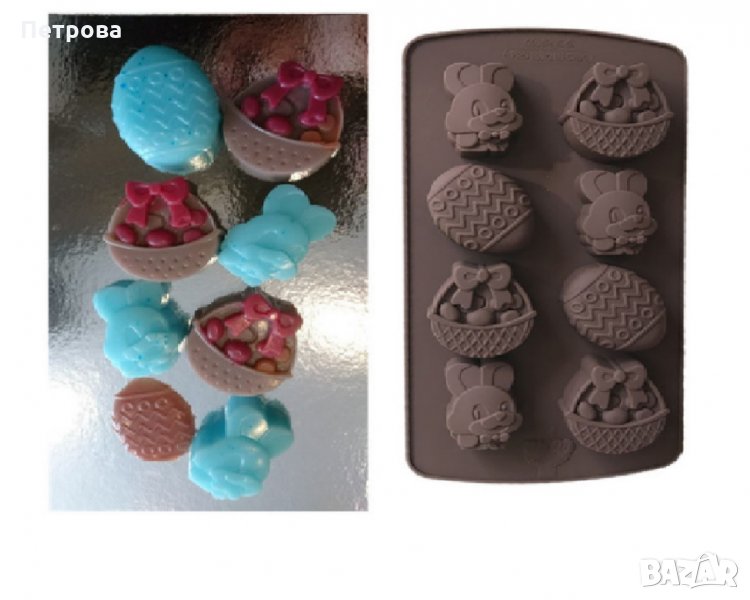 Великденска силиконовa форма с 8 гнезда: кошничка, яйце и зайче, снимка 1