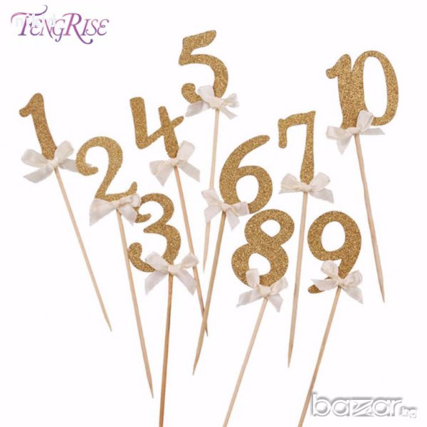 10 бр златисти числа цифри брокатени с панделки клечка топери рожден ден happy birthday украса торта, снимка 1