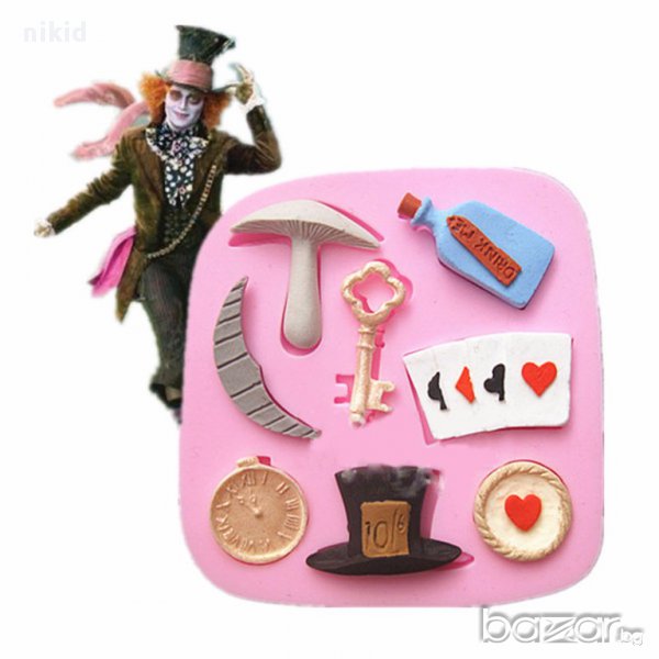Алиса в страната на чудесата фокуси хазарт шапка ключ часовник гъба шише силиконов молд форма фондан, снимка 1