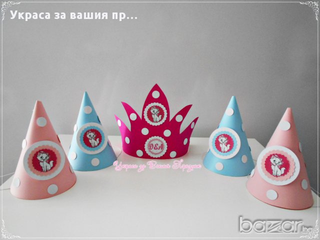 парти шапки и корона за рожденичката на тема коте Мери, снимка 6 - Други - 17671123