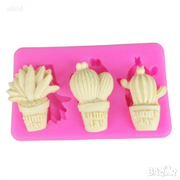 3 кактуса кактус в саксия силиконов молд форма декорация украса фондан торта шоколад, снимка 1