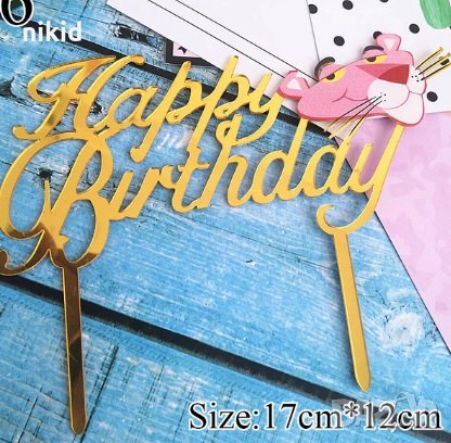 Пинко Розовата Пантера pink panther Happy Birthday Златист твърд Акрил топер за торта украса, снимка 1