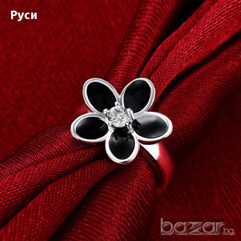 Посребрен пръстен Цвете с черни листа, снимка 2 - Пръстени - 17116758