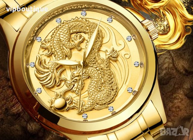 Златни Мъжки Часовници с 3D Дракон, снимка 6 - Мъжки - 24356384