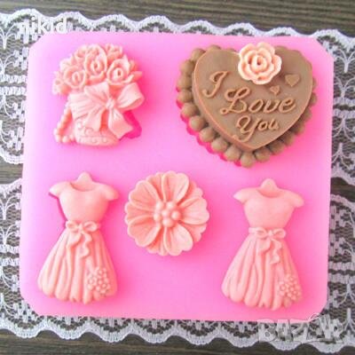 I love you сърце с розичка чанта букет 2 красива рокля силиконов молд форма декорация торта фондан , снимка 1
