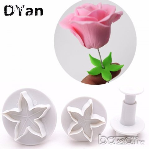 3 бр звезди звезда петолъч цветонос роза пластмасови резци с бутало релеф тесто фондан резец форма 