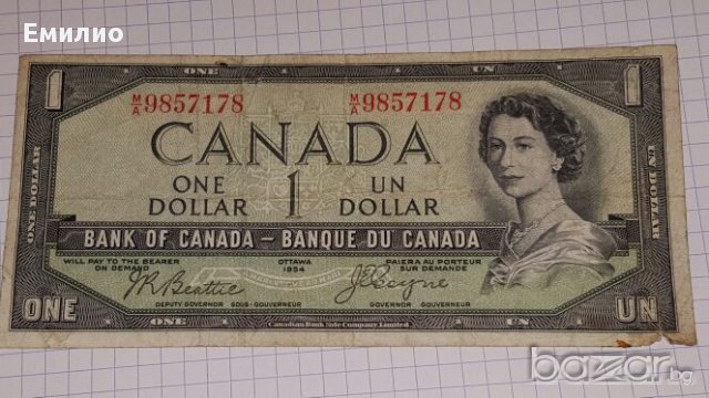 $CA 1 1954год.One Dollar Canadian Devil's Face Bank of Canada Beattie  Coyne, снимка 1 - Нумизматика и бонистика - 15844880