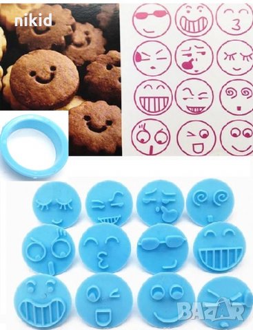 12 бр Емоджи еможи емотикон The Emoji Смайли муцунки лица печати пластмасови форми резци 
