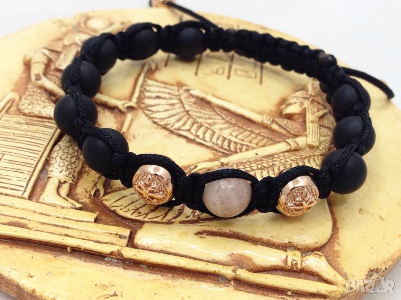 Гривна от оникси, слънчев камък и мъниста със покритие от розово злато, снимка 1