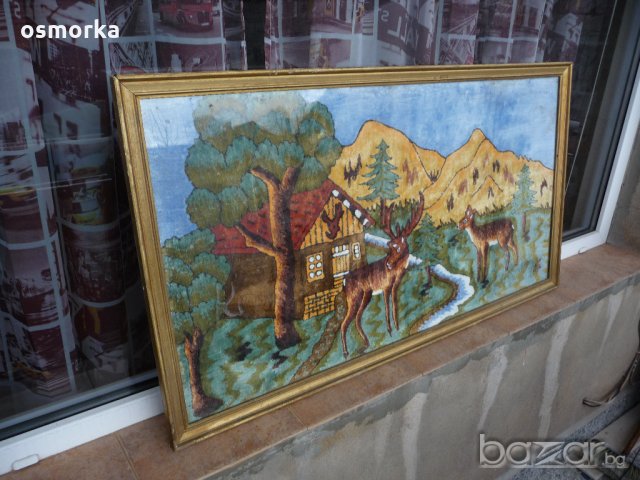 Картина горска тематика елени хижа къща с конци гоблен ретро, снимка 3 - Гоблени - 20269386