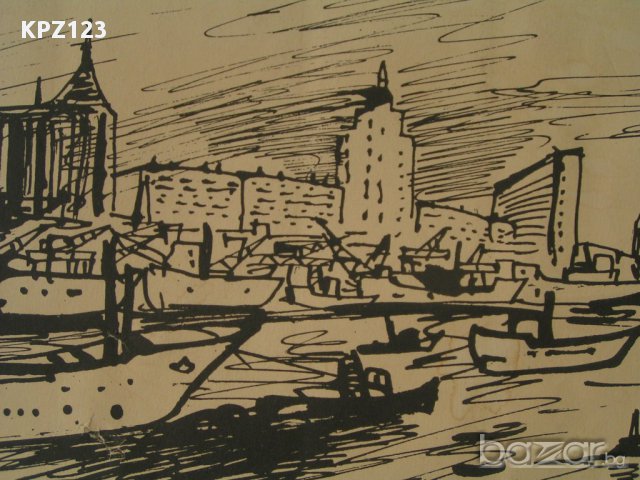Рисунка на река с кораби, туш върху картон, снимка 2 - Картини - 14589727