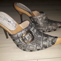 Елегантни дамски кожени чехли с ток марка Daris - имитация на сабо , с тънък железен ток, снимка 1 - Дамски обувки на ток - 23793783