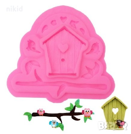 Дървена къщичка за птички и клон с бухалчета силиконов молд форма декор торта сладки фондан и др. ук, снимка 2 - Форми - 24228160