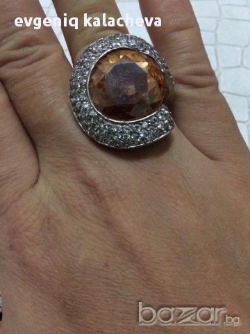 Сребърен пръстен със цирконии и оранжев камък, снимка 2 - Пръстени - 16802237