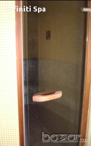 Врата за парна баня от закалено стъкло и тикова каса