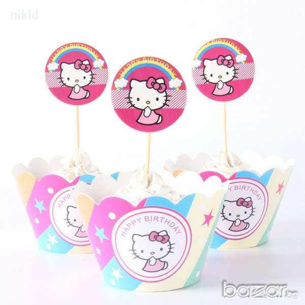 Hello Kitty Коте Кити шарени 12 бр топери и кошнички украса декорация за мъфини кексчета торта парти, снимка 1