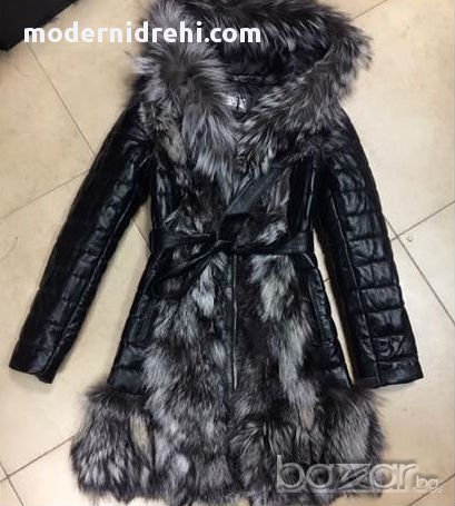 дамско палто от лисица миеща мечка и естествена агнешка кожа