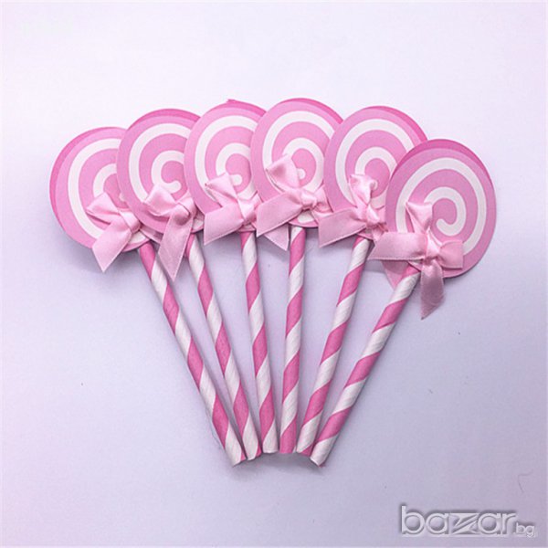 6 бр картонени сламки с панделки тип близалка топер за парти Рожден ден и др,, снимка 1
