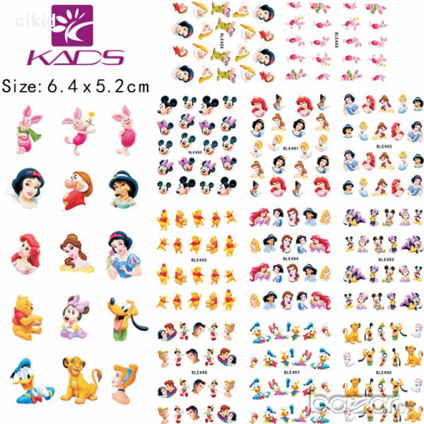 сет лот Дисни анимационни герои 11 листа татос ваденки водни стикери за нокти, снимка 1