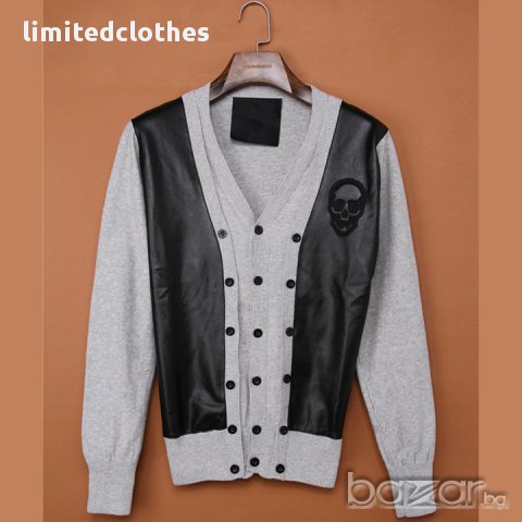 PHILIPP PLEIN GREY LEATHER SKULL Мъжка Жилетка тип Пуловер size M, снимка 3 - Пуловери - 9069376