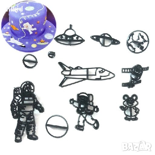 11 бр Астронавт космос ракети космонавт пластмасови резци щампи форми украса фондан торта декор, снимка 1