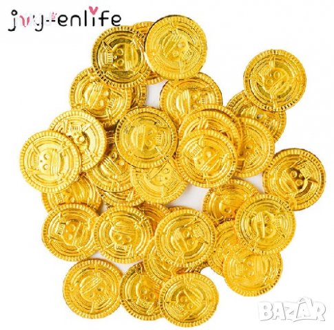 20 бр фалшиви изкуствени златни монети Bitcoin Биткойн пирати пластмасови пиратско парти 