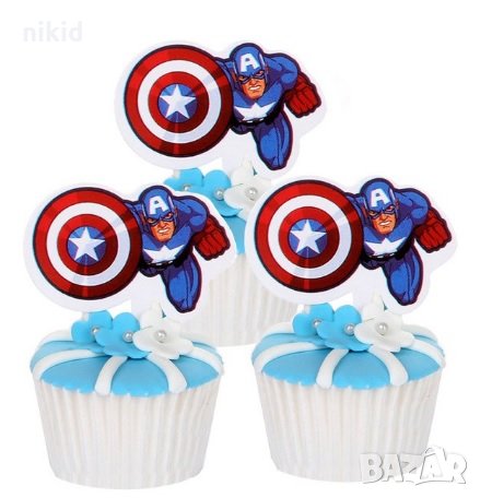 Капитан Америка 25 бр картон топери за кексчета мъфини торта рожден ден украса, снимка 1 - Други - 22500790